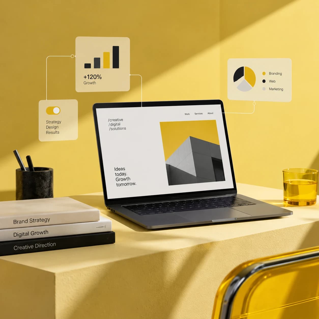 Conceptual digital agency workspace with a laptop and design graphics against a yellow background